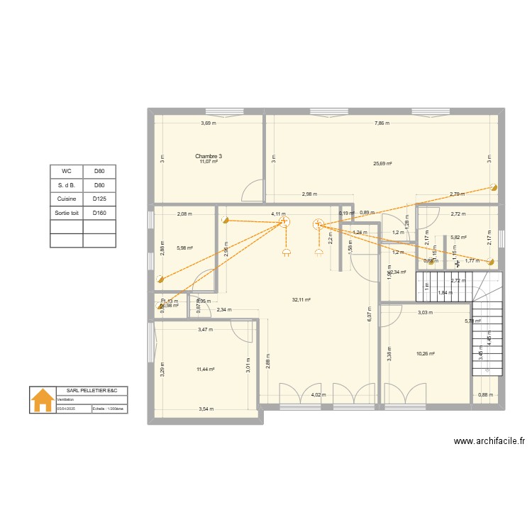 Locaux Saumur - Etage projet aménagement T2+T3 V.22 - Ventilation. Plan de 11 pièces et 112 m2