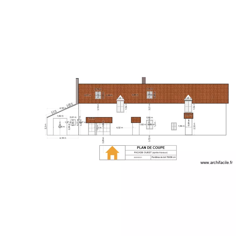 FACADE OUEST (après pose des fenêtres de toit 78x98). Plan de FACADE OUEST (après pose des fenêtres de toit 78x98). Plan de