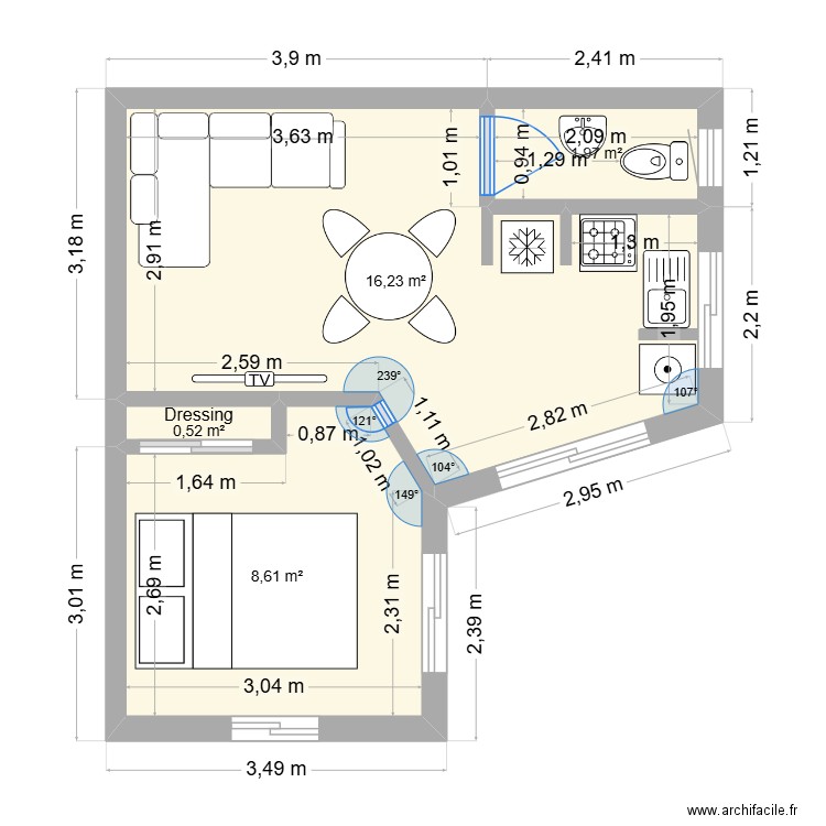 studio ezzawya option 2. Plan de 4 pièces et 27 m2
