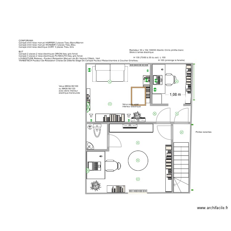 Salon et bureau. Plan de 4 pièces et 37 m2