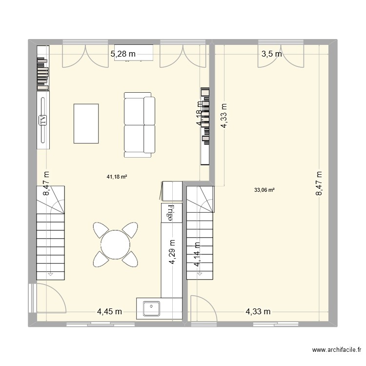 rambouillet RDC. Plan de 2 pièces et 74 m2