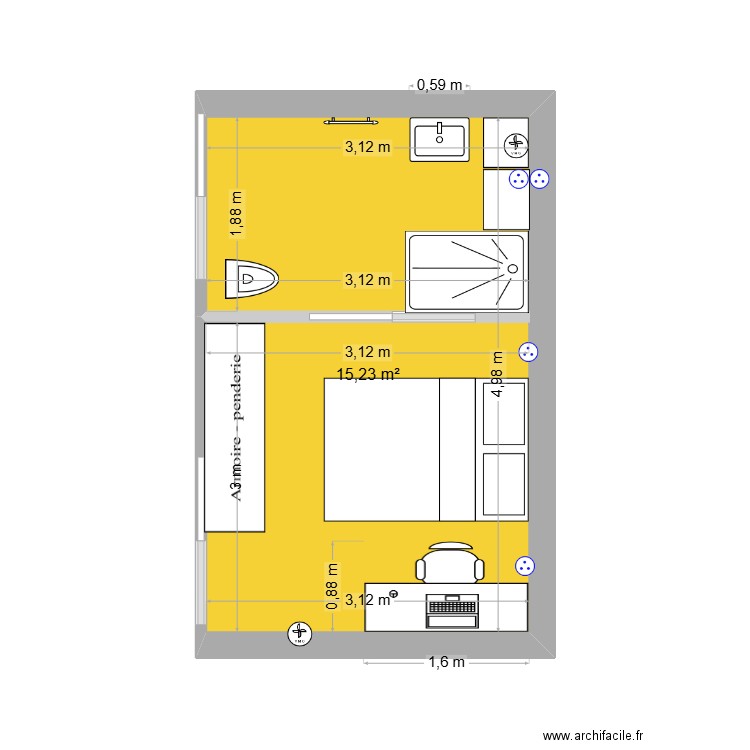 salle de bain combles. Plan de 1 pièce et 15 m2