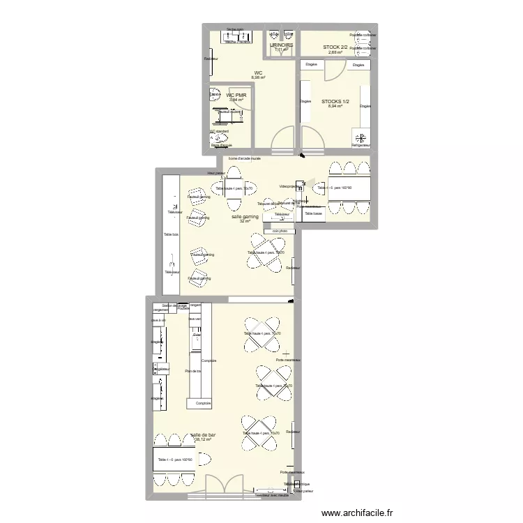 IUT - bar v3 - mode tournoi. Plan de 8  et 96 m²