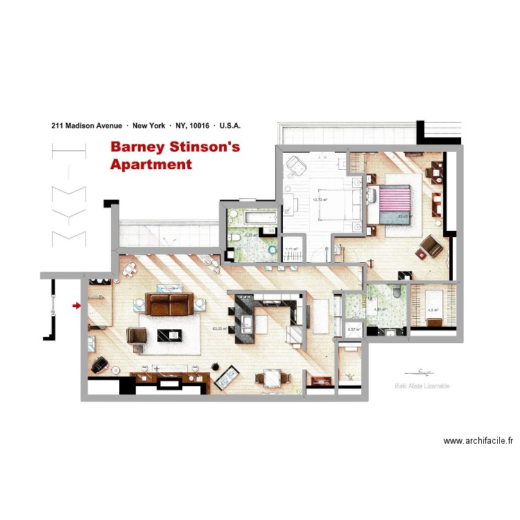 Appart Barney. Plan de 8 pièces et 116 m2