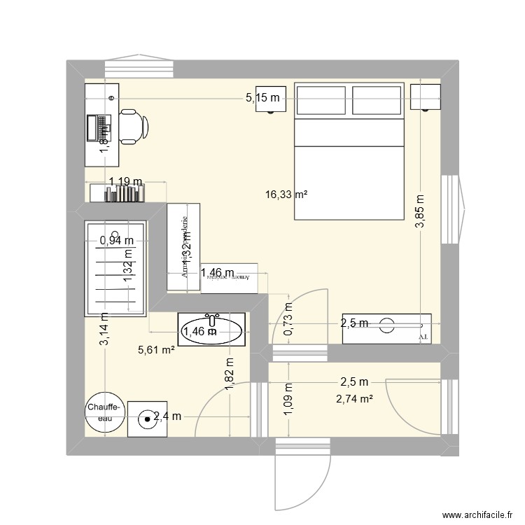 salle de bain buanderie. Plan de 3 pièces et 25 m2