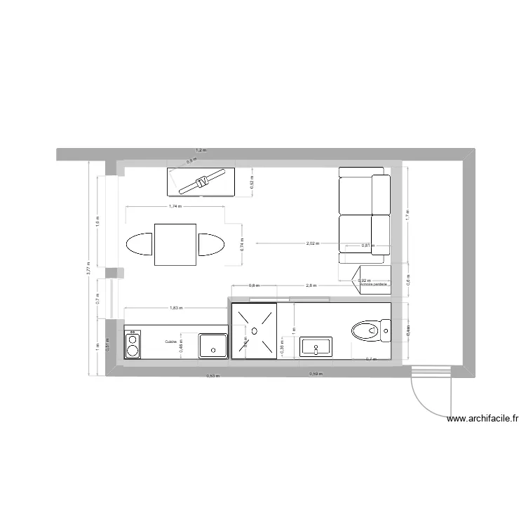 am&eacute;nagement avec canap&eacute; lit sdb cuis. Plan de 