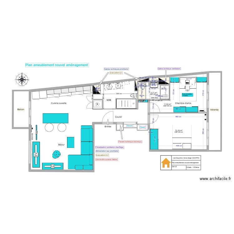 Plan  ameublement nouvel agencement . Plan de 7 pièces et 30 m2