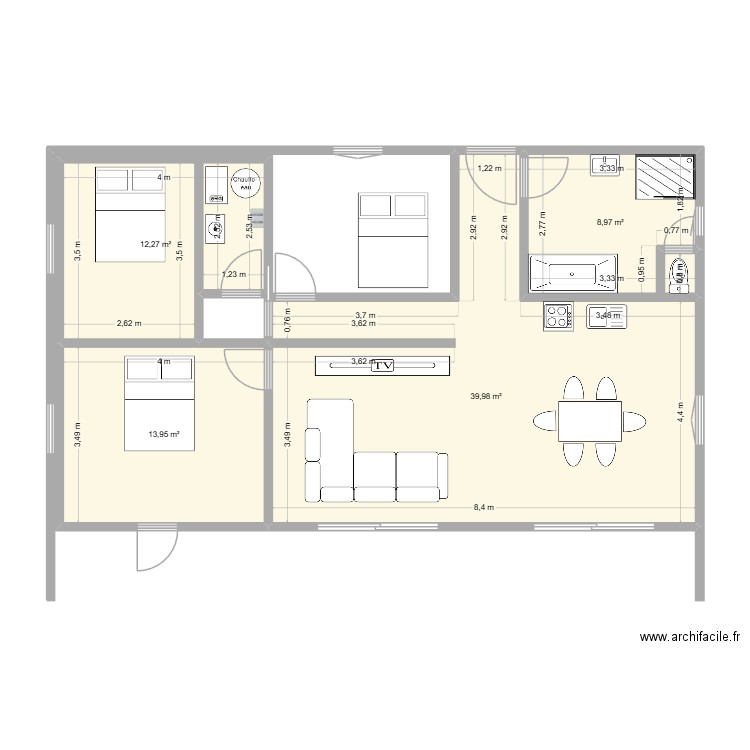 P1A. Plan de 4 pièces et 75 m2