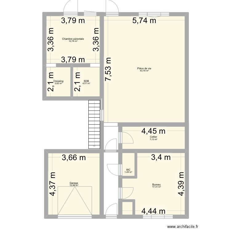 RDC 75. Plan de 8 pièces et 105 m2