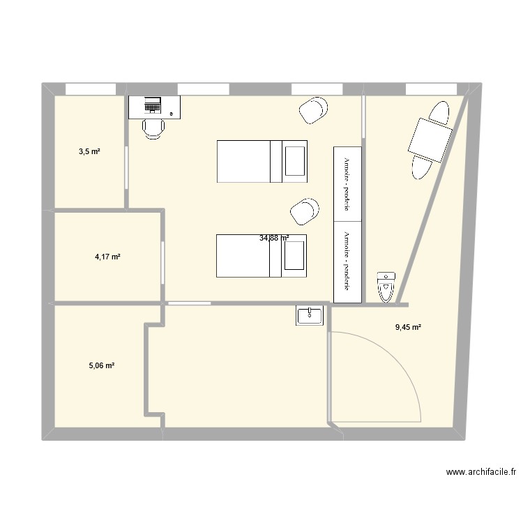 cab test 1. Plan de 5 pièces et 57 m2