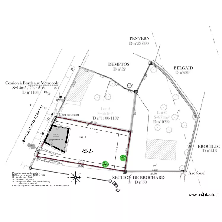 PLAN DE MASSE APRES PROJET CLOTURE bois. Plan de 1  et 65 m²