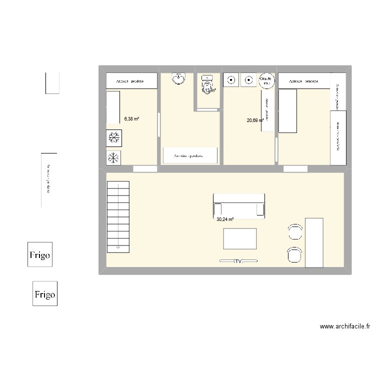 cave. Plan de 4 pièces et 58 m2