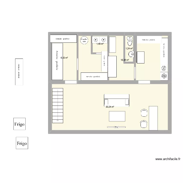 cave. Plan de 5  et 58 m²