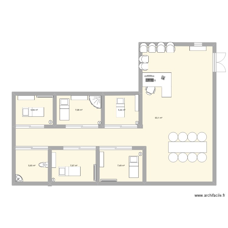 salon esthétique. Plan de 7 pièces et 102 m2