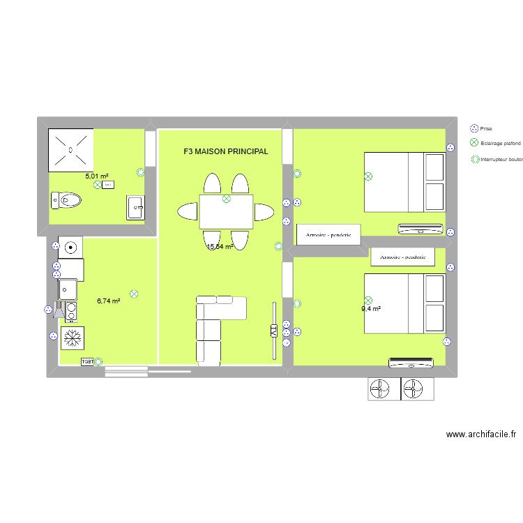 F3 MAISON PRICIPAL VERT. Plan de 5 pièces et 46 m2