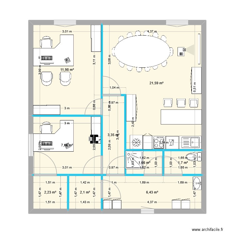 Plan Bureau R+1. Plan de 9 pièces et 59 m2