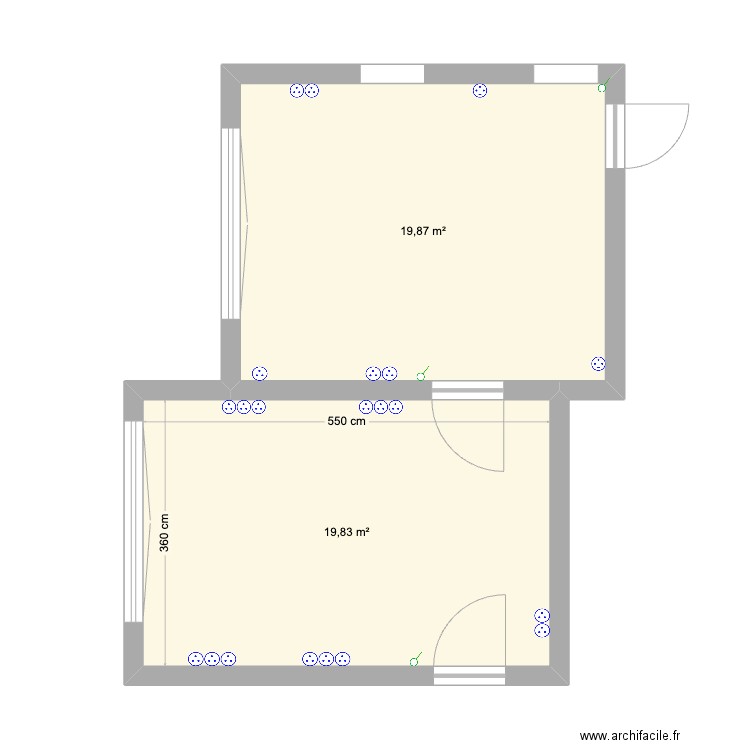 Cuisine sans meuble. Plan de 2 pièces et 40 m2