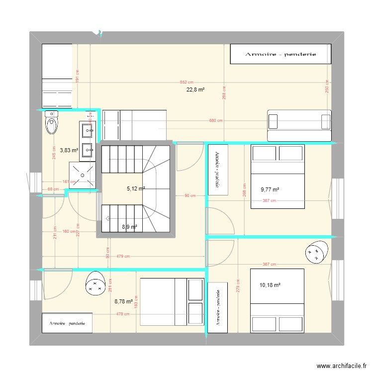 St-Girons // Aménagement étage VF 3. Plan de 7 pièces et 69 m2