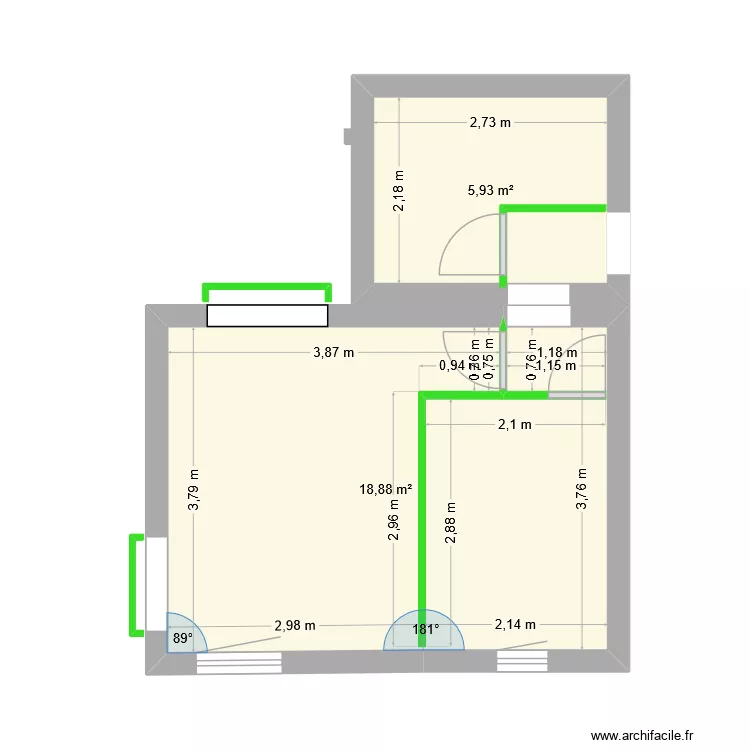 pi&eacute;ce 2. Plan de 2  et 25 m²