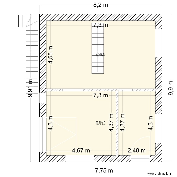 rdc vierge. Plan de 2 pièces et 64 m2