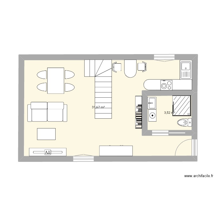 F3 bas escalier droite. Plan de 2 pièces et 35 m2