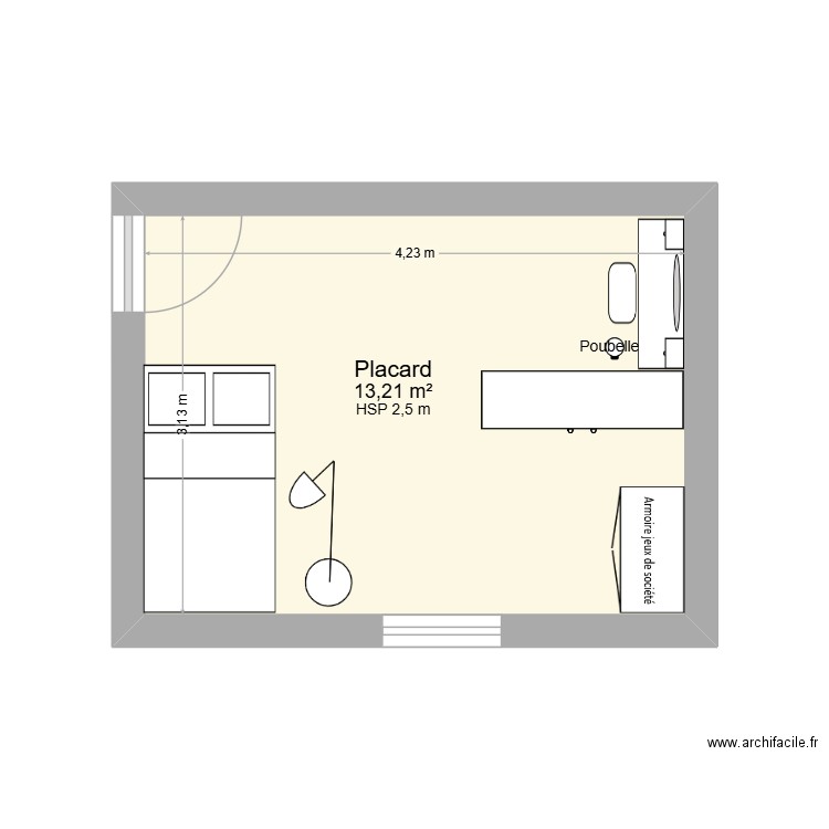 Salle de jeu = chambre. Plan de 1 pièce et 13 m2