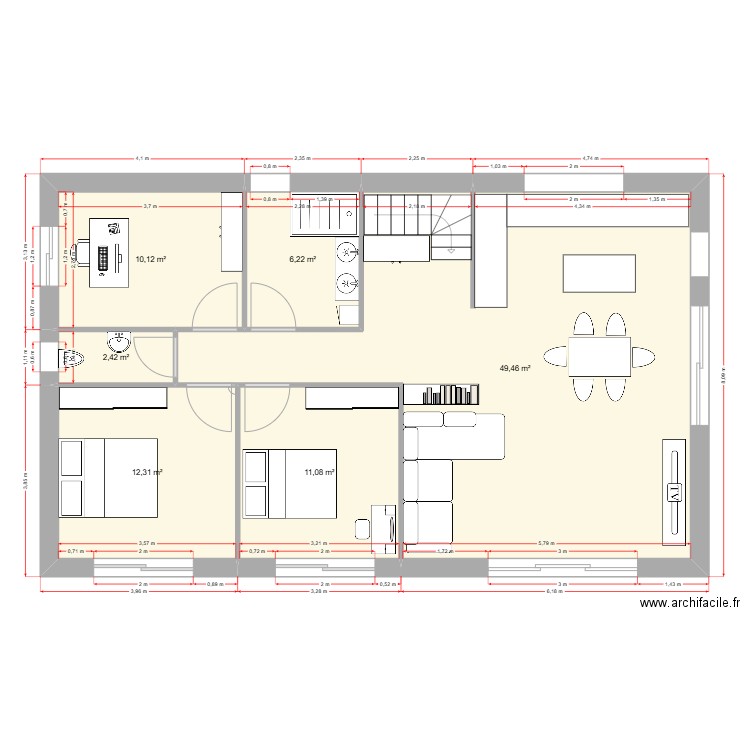 Gresy Etage. Plan de 6 pièces et 93 m2