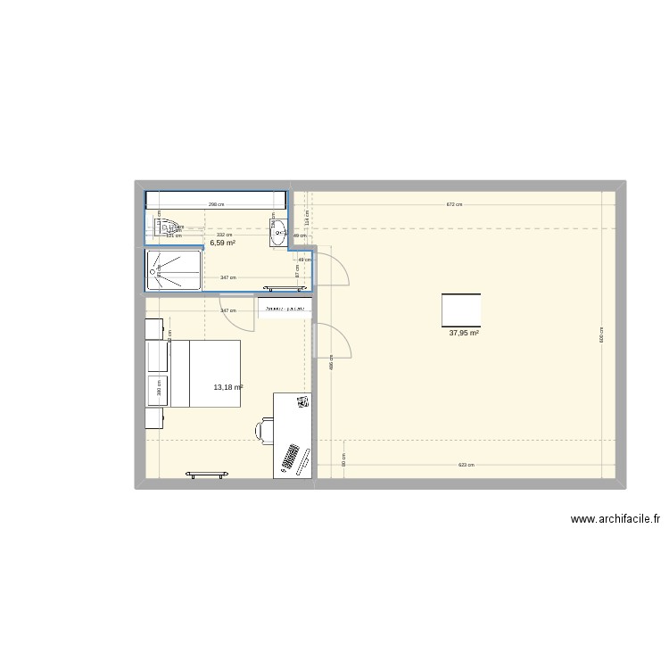 etage. Plan de 3 pièces et 58 m2