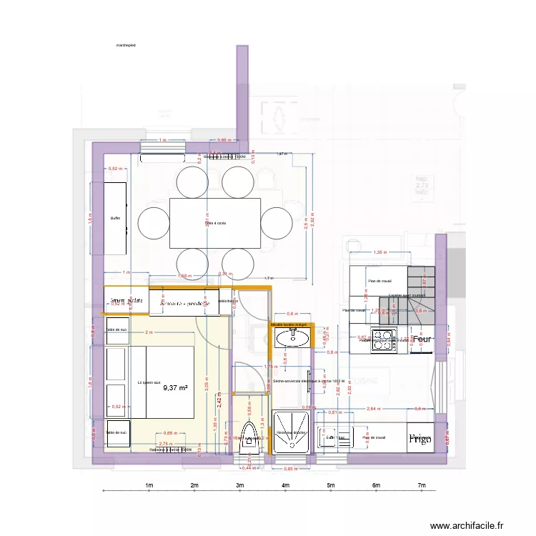 plan version MER 29/04  SDB cuisine chambre SaM avec niche Douche 85 et dimensions reelles Plan initial avec details. Plan de 1  et 9 m²