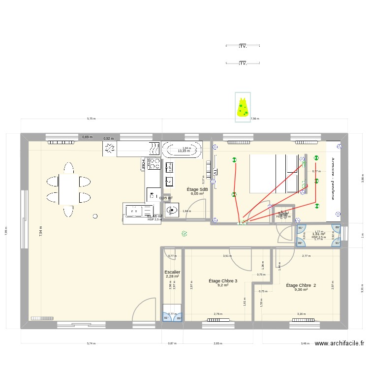 Etage CHAMBARD Charles amenagement chambre haute. Plan de 15 pièces et 204 m2