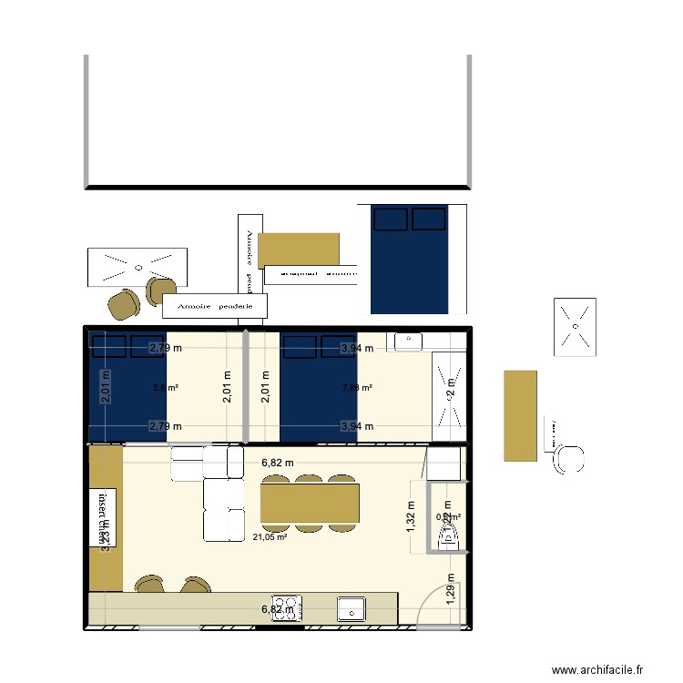 aqueduc option 2. Plan de 4 pièces et 35 m2