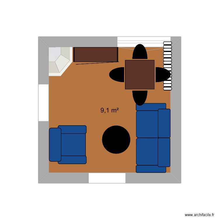 Salon- salle à manger option 2. Plan de 1 pièce et 9 m2