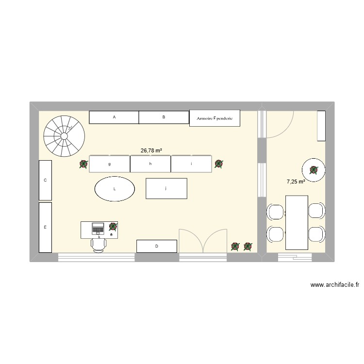 plan magasin pâtisserie. Plan de 2 pièces et 34 m2