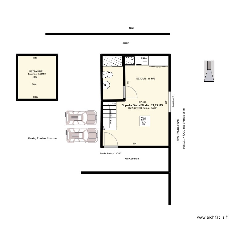court saint etienne. Plan de 3 pièces et 27 m2
