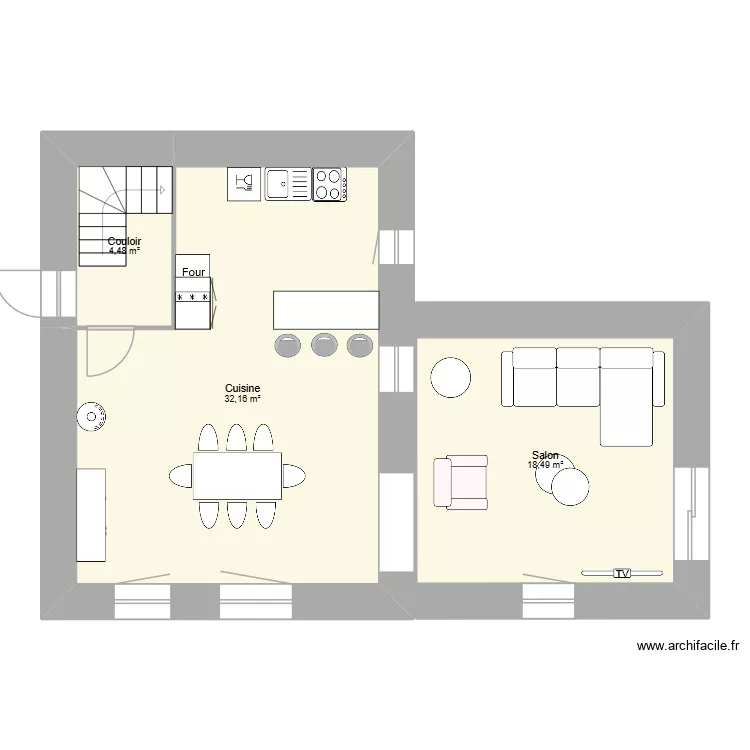 RDC apr&egrave;s am&eacute;nagement &eacute;tape 1. Plan de 3 pièces et 55 m²