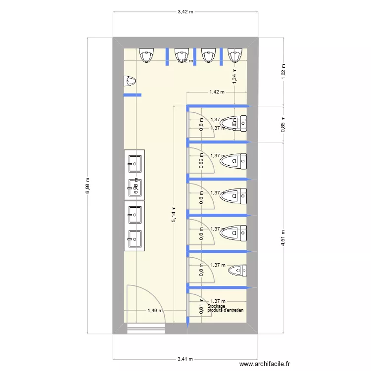 WC College Jeanne D\'arc Gar&ccedil;on. Plan de 7  et 18 m²