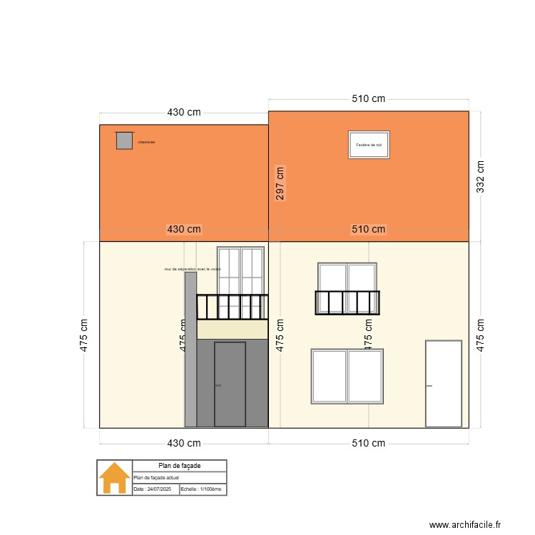 Plan de façade arrière : actuel. Plan de 0 pièce et 0 m2