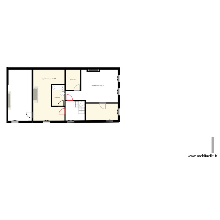 Plateau 2e étage actuel. Plan de 4 pièces et 47 m2