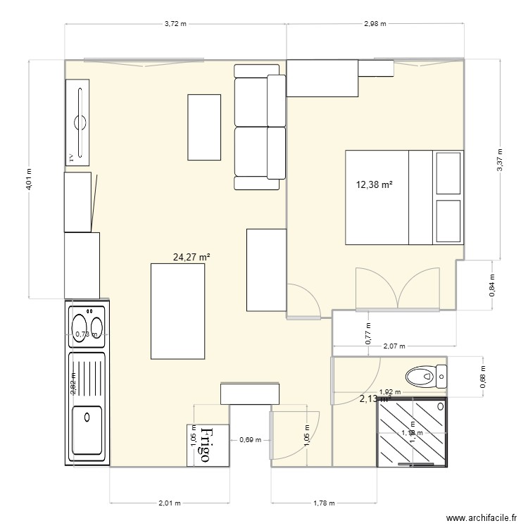 appartement. Plan de 3 pièces et 39 m2