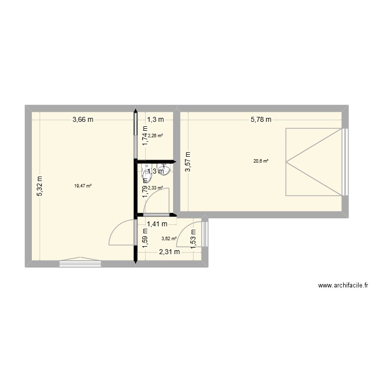 Garange + cabinet. Plan de 5 pièces et 48 m2
