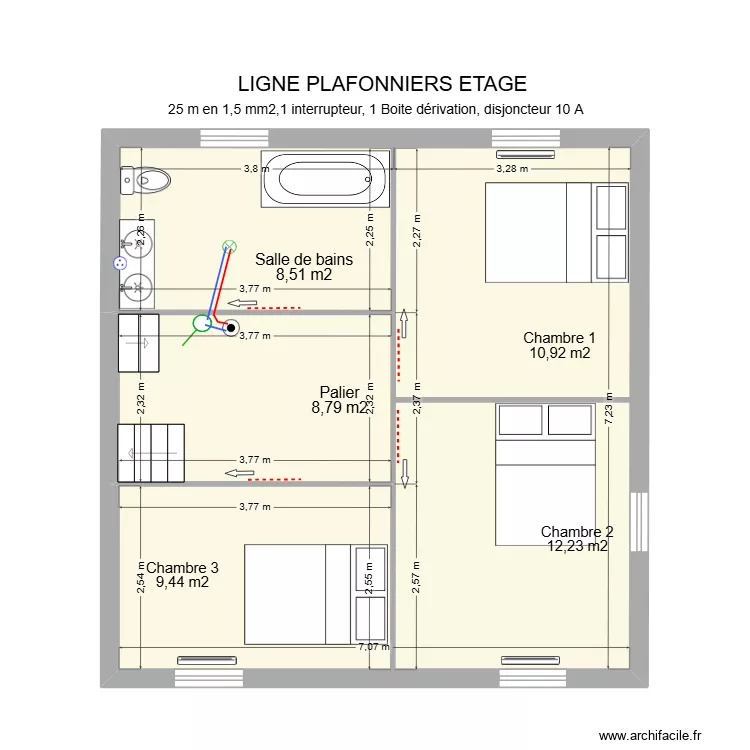Ligne plafonnier &eacute;tage. Plan de 2 pièces et 50 m²