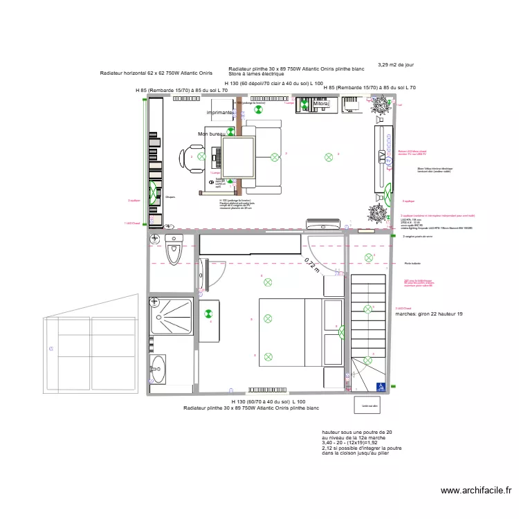 Chambre/Salon &agrave; droite/sans porte salon. Plan de 2  et 37 m²