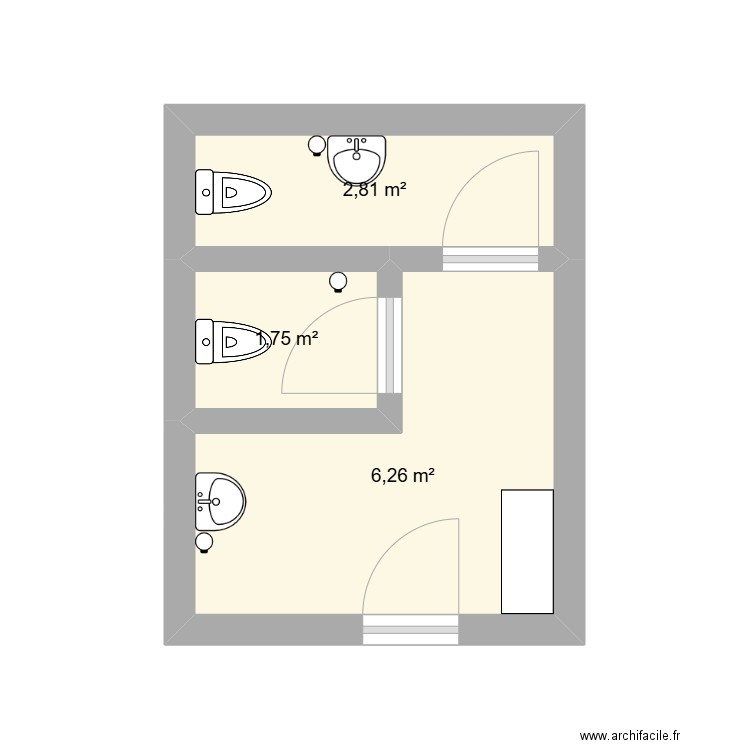 Nouvelles toilettes. Plan de 3 pièces et 11 m2