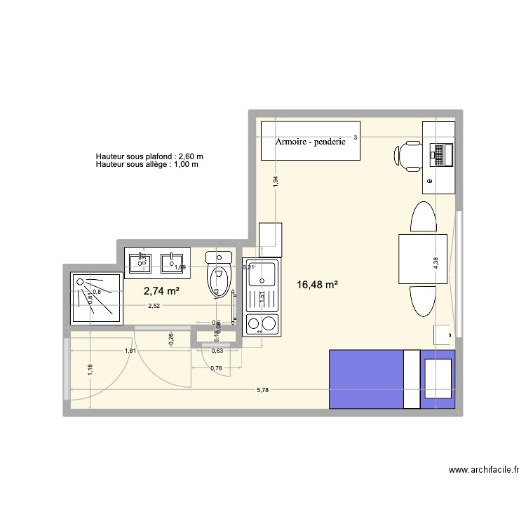 Studio 6 Ter. Plan de 2 pièces et 19 m2