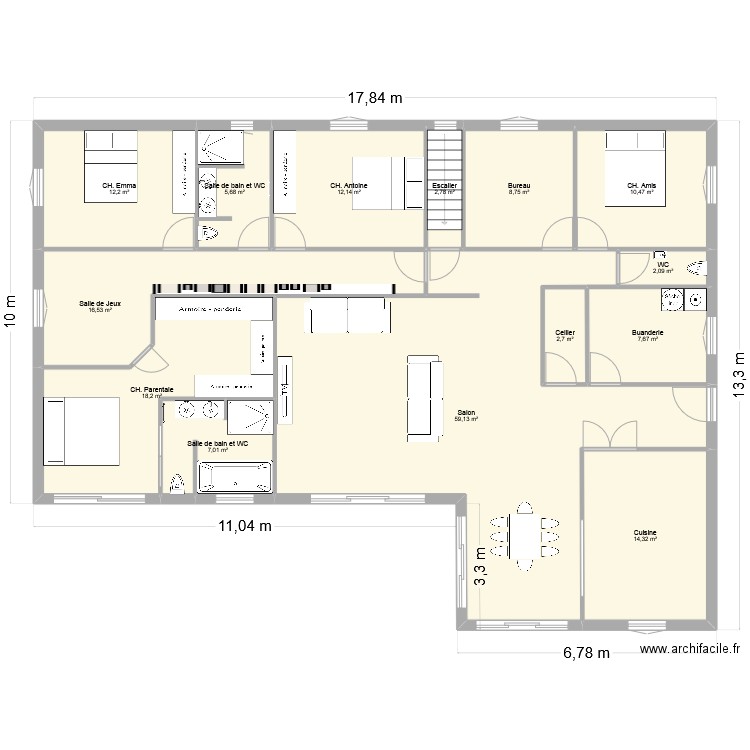 180m² L. Plan de 19 pièces et 366 m2