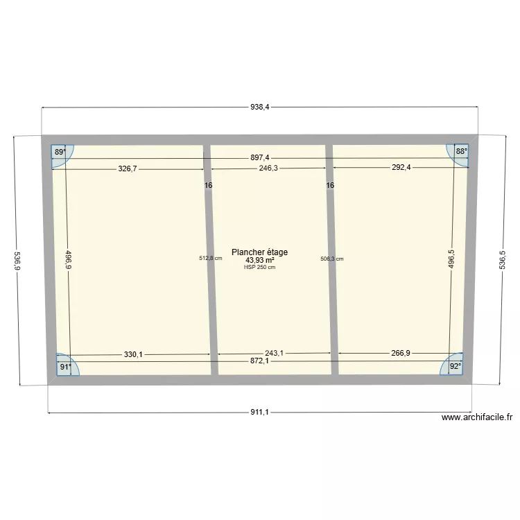 Plancher étage avec poutres. Plan de 1 et 44 m² Plancher étage avec poutres. Plan de 1 et 44 m²
