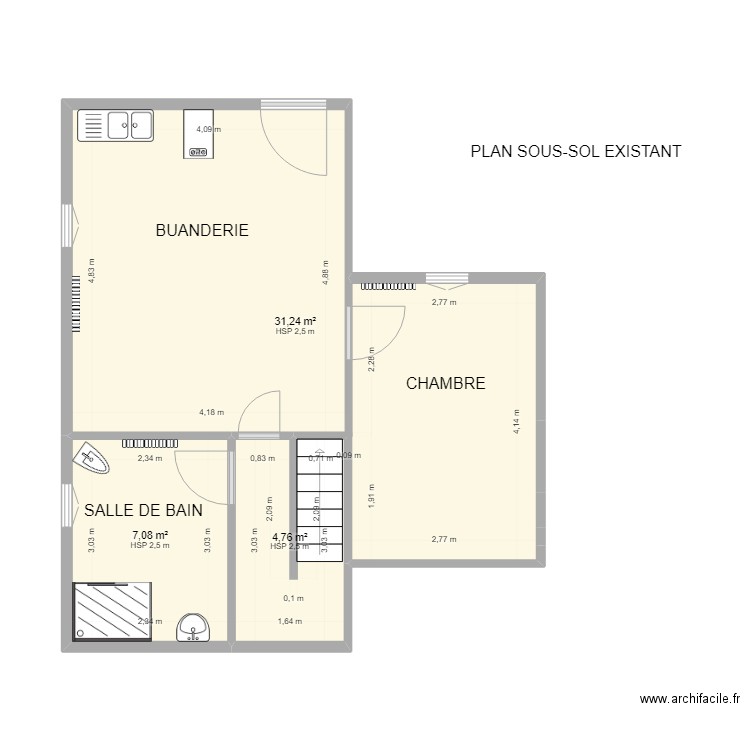 PLAN SOUS-SOL EXISTANT COMBE JULIEN . Plan de 3 pièces et 43 m2