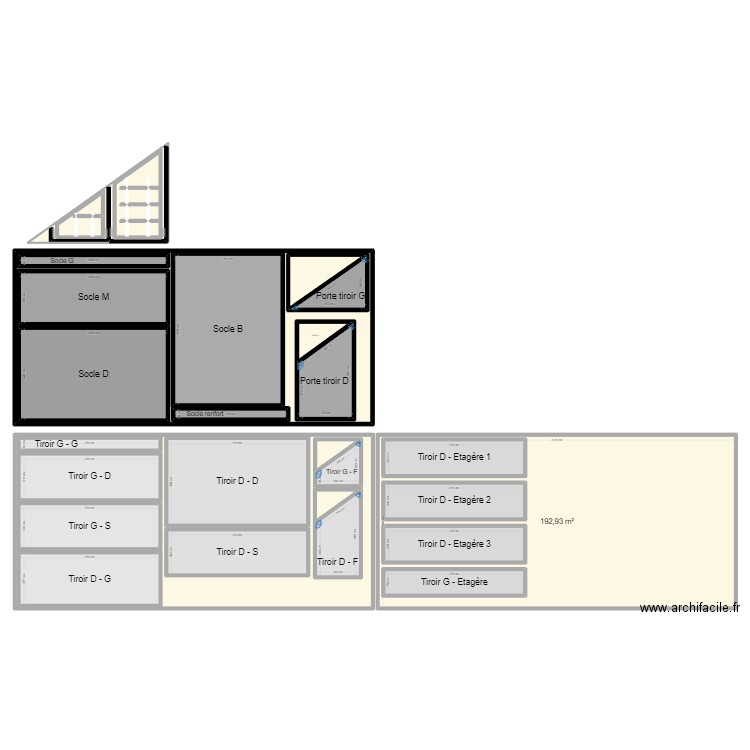 Meubles sous escalier. Plan de 34 pièces et 1459 m2
