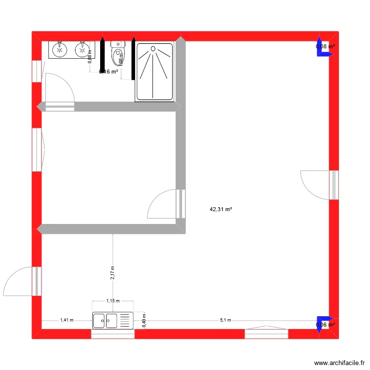 Mars Appartement 8 x 8 - SdB - cuisine. Plan de 