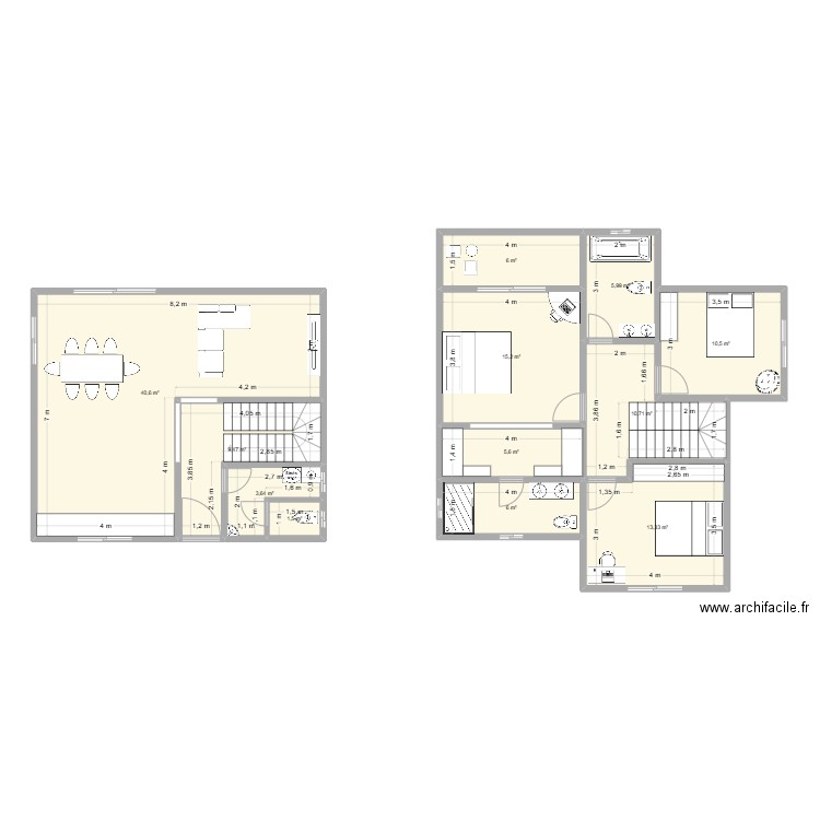duplex 01. Plan de 10 pièces et 129 m2